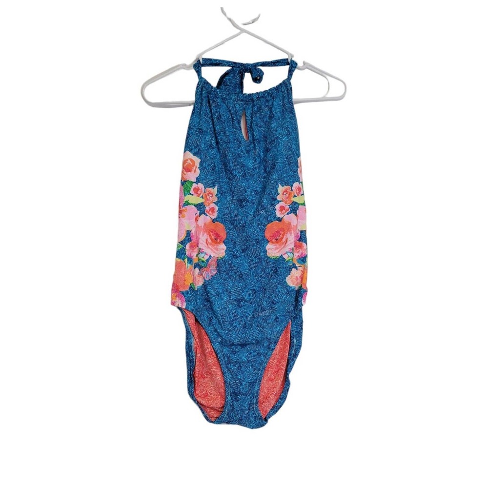 Vera Bradley Blue Floral Print Ruby Keyhole High-Neck One-Piece Swimsuit L NWOT